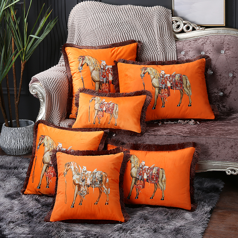 Designer Luxury European American Luxury Printed Cushion Cover Horse Pattern Velvet Pillowcase Lumbar Pillow Cover Tassel Edge