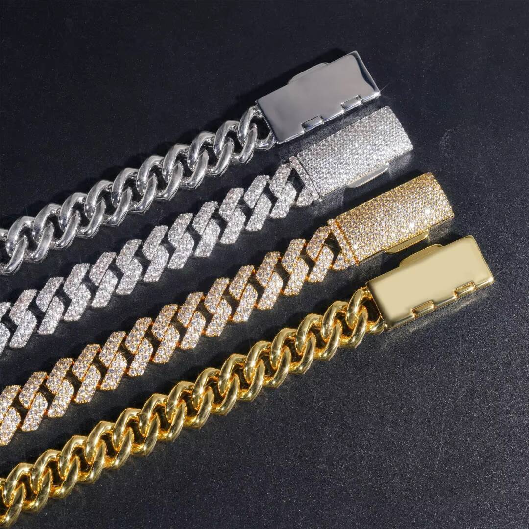 Hot Selling Pass Diamond Tester 925 Solid Silver Brass 12mm ZirconTwo Rows Iced Out Hip Hop VVS1 Moissanite Cuban Link Chain