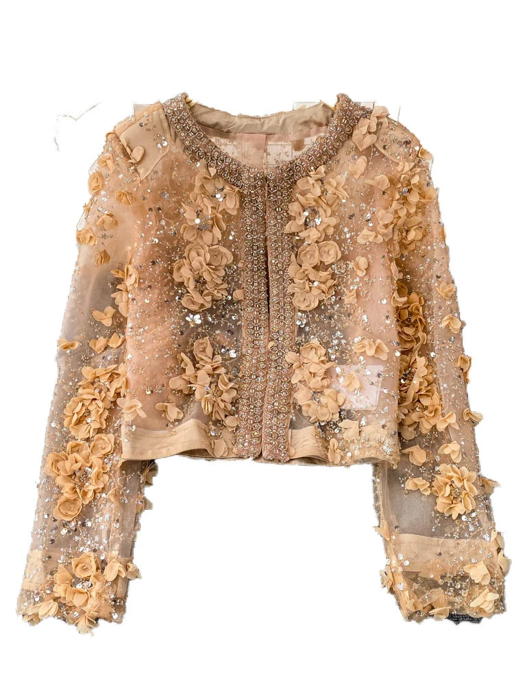 Ele round Ne Sequin Embellied Jaet Womens Slim Fit Summer Top High-End Feeling Faionable ort Outerwear 250725