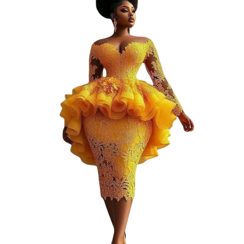 Aso Ebi Lace Sheath Prom Dresses Tea-Length Ruffles Peplum Chic Evening Gown Long Sleeves Off Shoulder Formal Occasion Party Dress Back Slit 2025