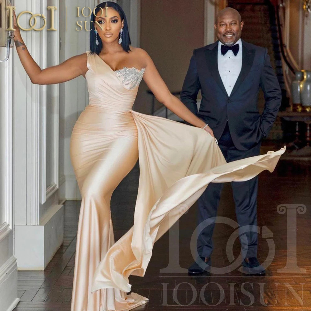IOOISUN Customized Champagne Bridesmaid Dress Beaded Crystal One Shoulder Wedding Party Gown Long Fomal Dresses Robe 250725