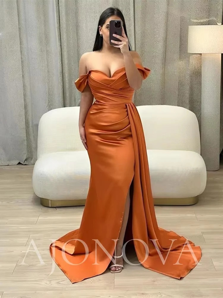IOOISUN Customized Orange Satin Bridesmaid Dress Off the Shoulder Wedding Party Gown Side Split Fomal Evening Dresses 250725