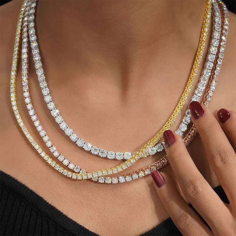 Passed Test 5mm 18-24inch Yellow White Rose Gold Plated Sterling Sier VVS D Color Moissanite Tennis Chain Necklace Bracelet Links For Women/Men