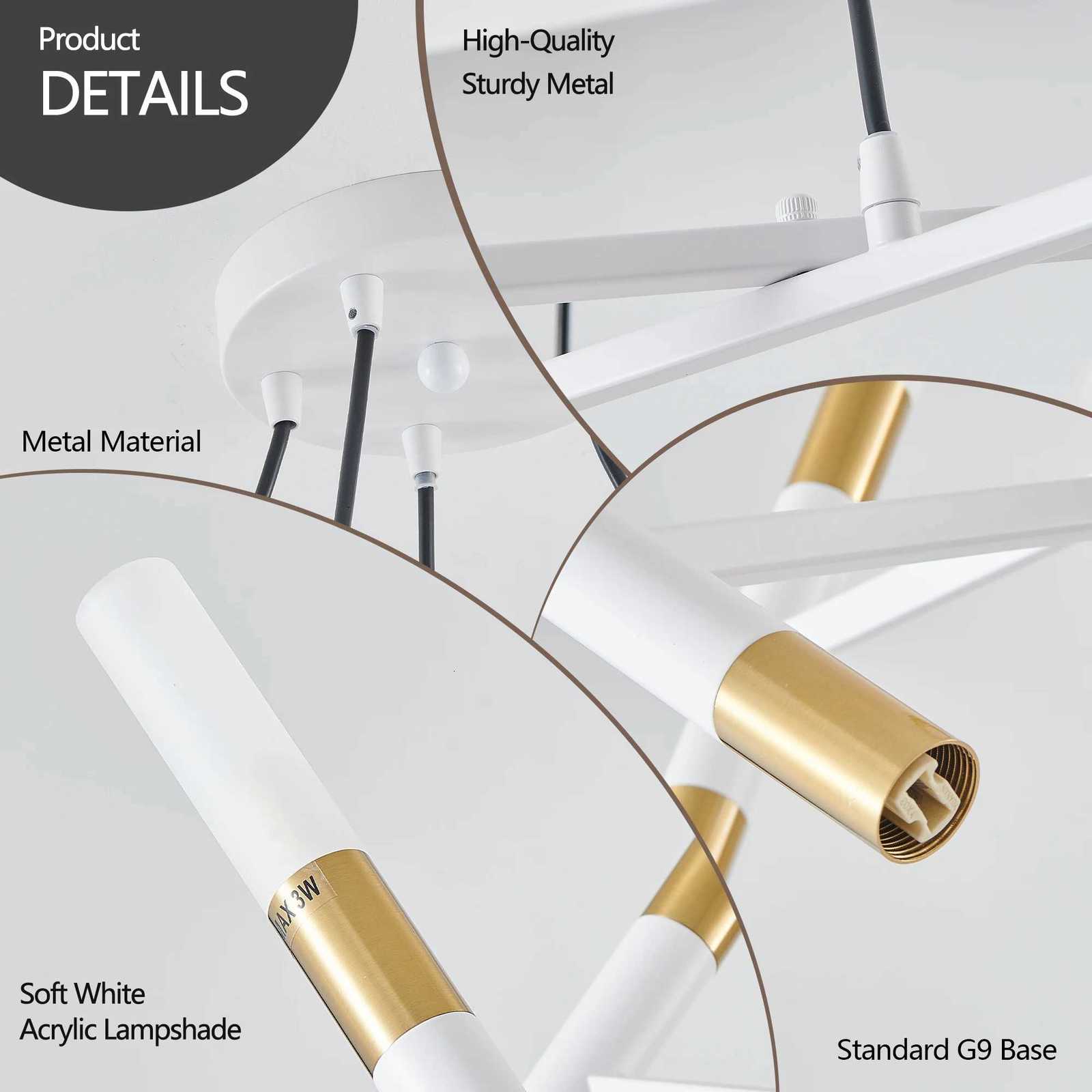 White Golden Modern Chandelier Light Branch Design with Frosted Tubes Black Cords Adjustable Height Pendant Light (No Bulb) XJ250725