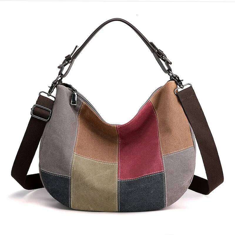 Vintage Patchwork Canvas Tote Fashionable Single Shoulder Crossbody for Women Large Capacity Color-Block Underarm Bag
