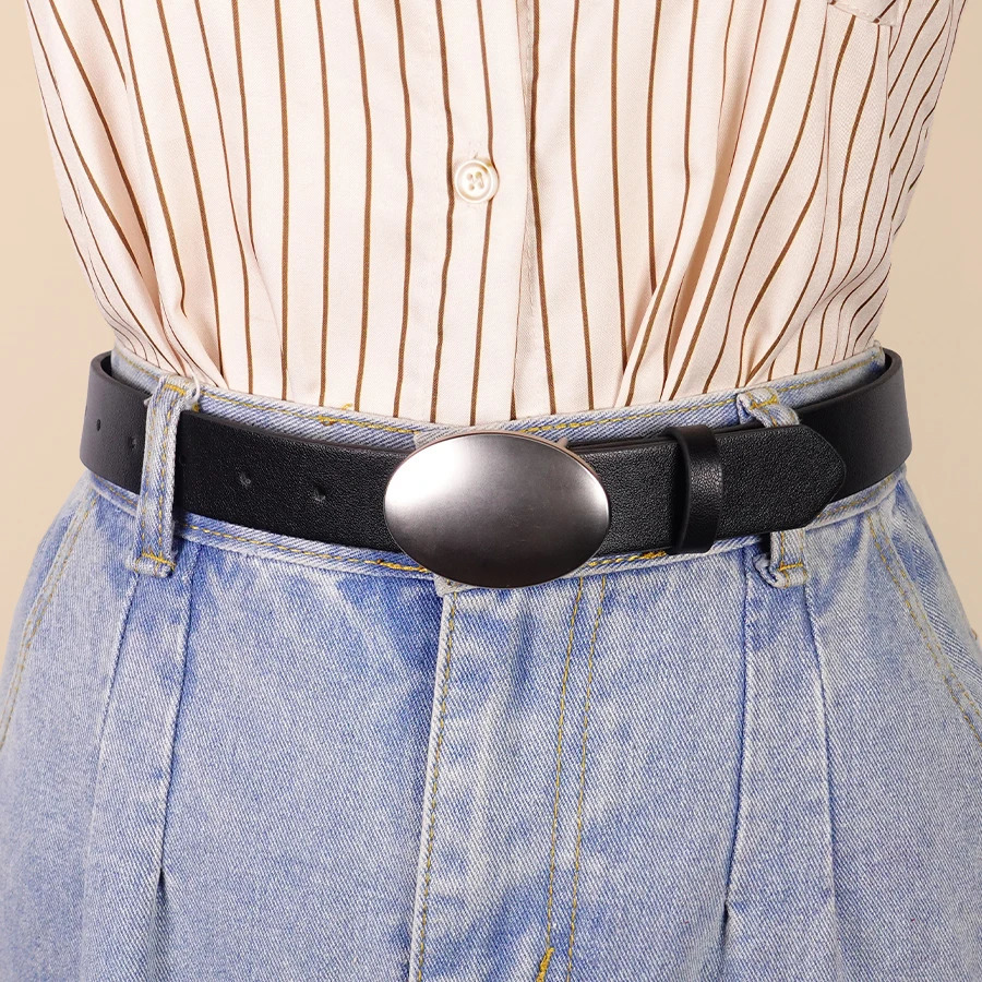 Oval Smooth Metal Buckle Belt Black Casual Minimalist Belt Classic Decorative Belt 250723