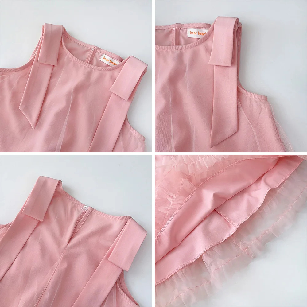 Pink Dreamy Sweet Girl Fairy Princess Dress Sleeveless with Bow Decoration Mesh Lace Childrens Casual Clothes Birthday Party Summer 250725