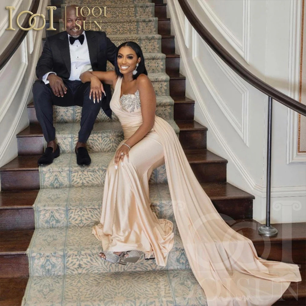 IOOISUN Customized Champagne Bridesmaid Dress Beaded Crystal One Shoulder Wedding Party Gown Long Fomal Dresses Robe 250725