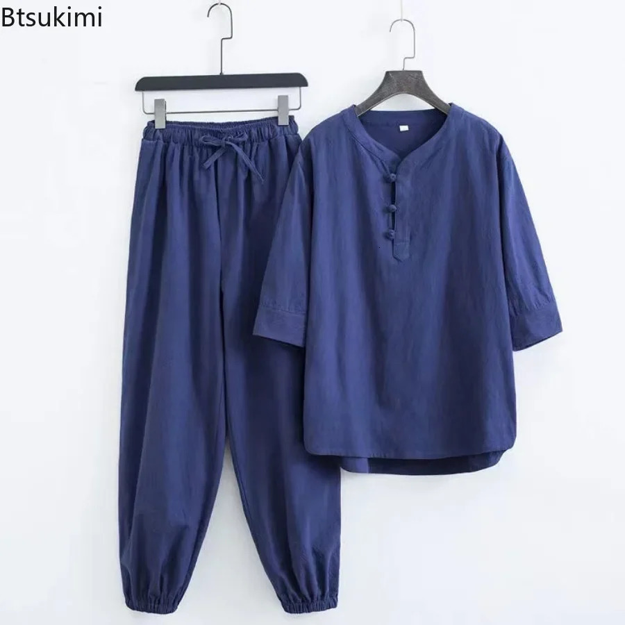 Mens Cotton Linen Sets Chinese Style Solid Short Sleeve Pants Two Pieces Traditional Clothes Kung Fu Uniform Tang Suit Male 250724