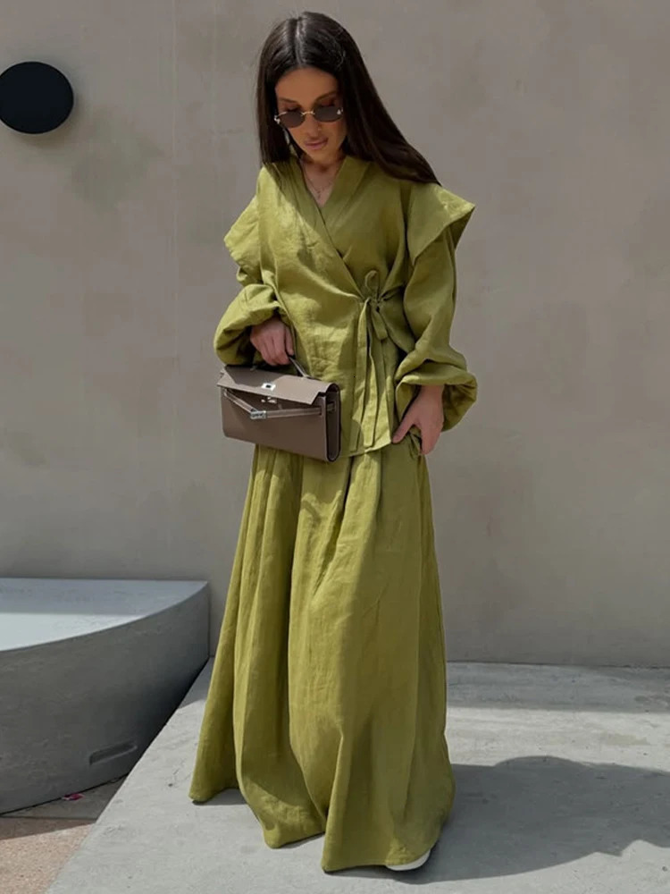 Elegant Womens Lace Up Shirts Skirts Suit Long Sleeve Loose Solid Lady Sets 2025 Summer Fashion 2 Pieces Set Women Vacation 250725