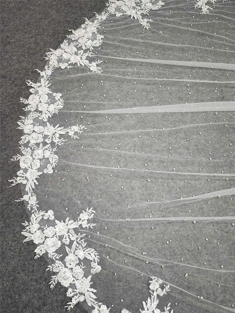 Customized 3M Wide Pearls Wedding Veil with Lace Appliques Cathedral Length Single Tier Bridal Veil Luxuary Pearl Wedding Accessories