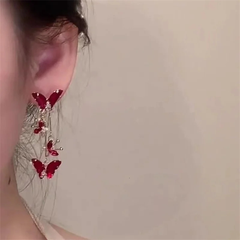 Elegant Red Zircon Butterfly Drop Earrings for Women Temperament Sweet Metal Bow Fashion Girl Jewelry Accessories 250715