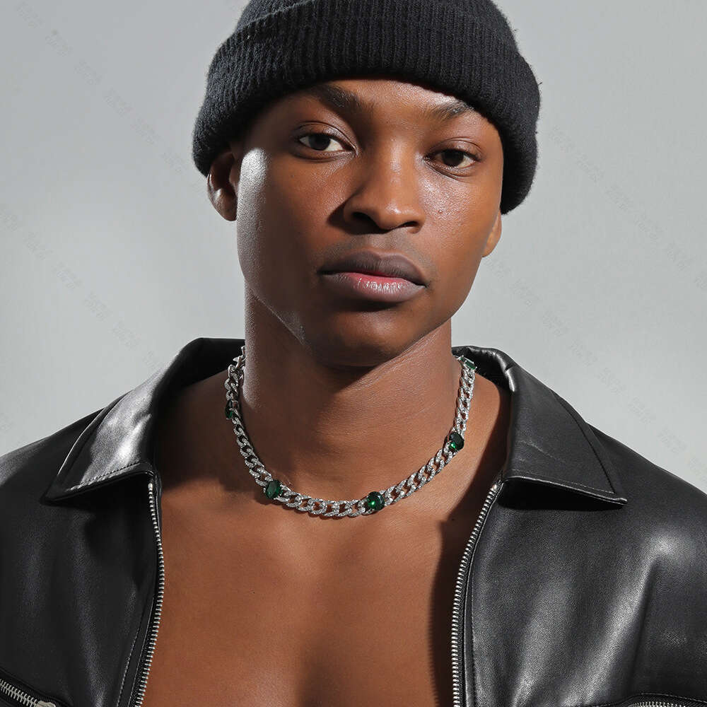 Hip Hop Emerald Oval High-end Exquisite 9mm Zircon Cuban Chain Necklace Men's Cool Jewelry