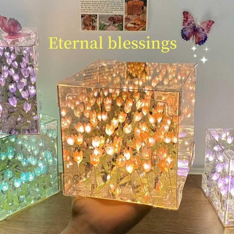 20 Flowers DIY Flower Sea 3D Cloud Tulip Night Light Mirror Table Lamps Bedroom Ornaments Mirror Table Lamps Bedside Gift XJ250725
