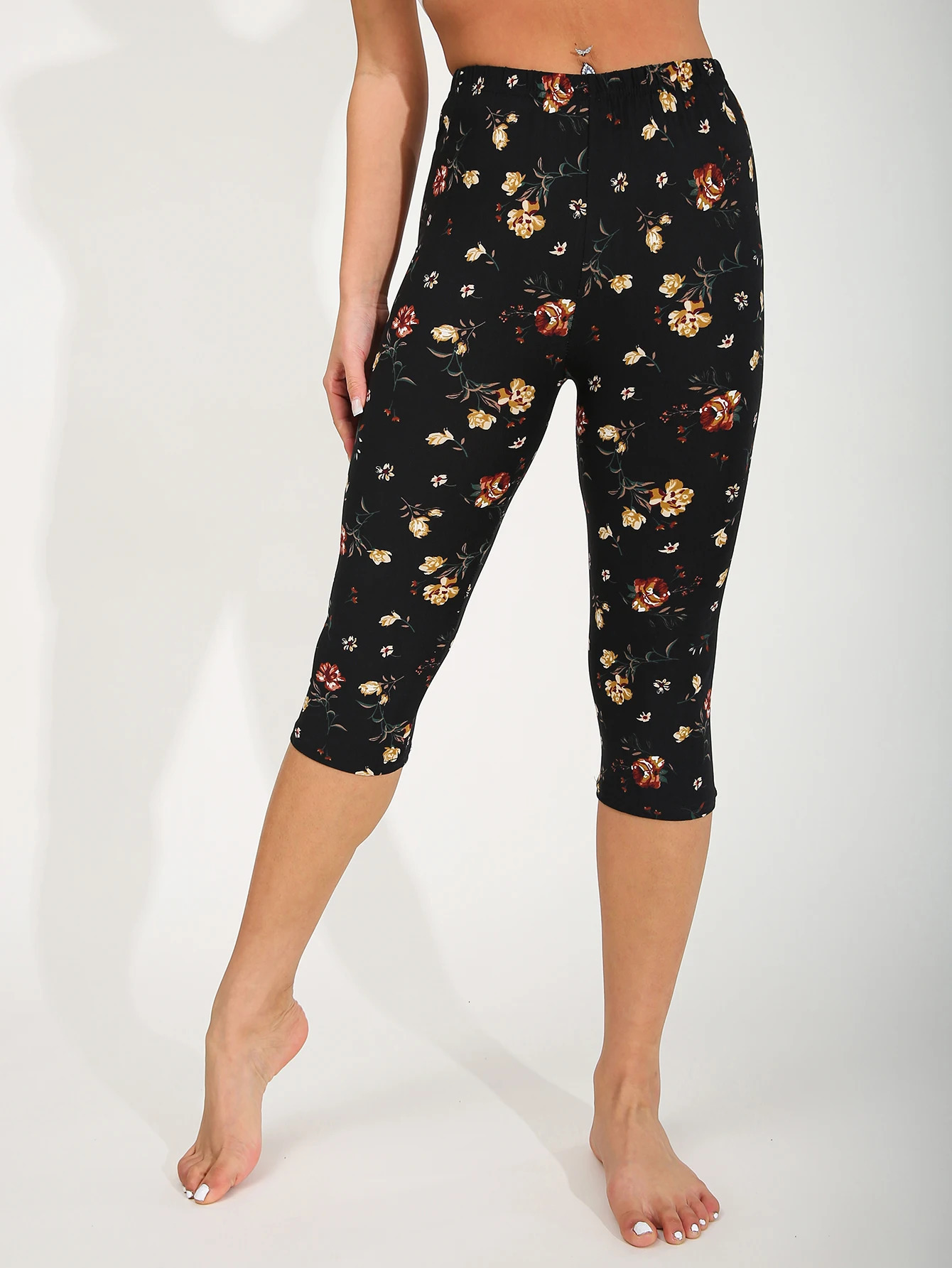 CUHAKCI Spring Summer Fashion Brushed Womens Legging Sexy Simple Yellow Flower Seven Part Pants Elastic Fitness Yoga 250725