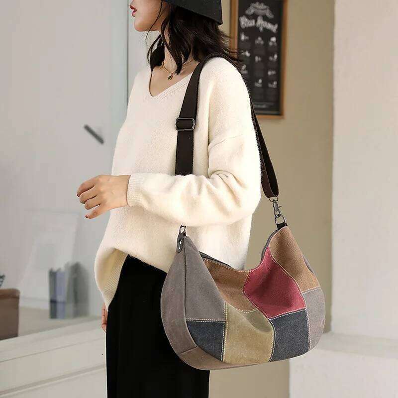 Vintage Patchwork Canvas Tote Fashionable Single Shoulder Crossbody for Women Large Capacity Color-Block Underarm Bag