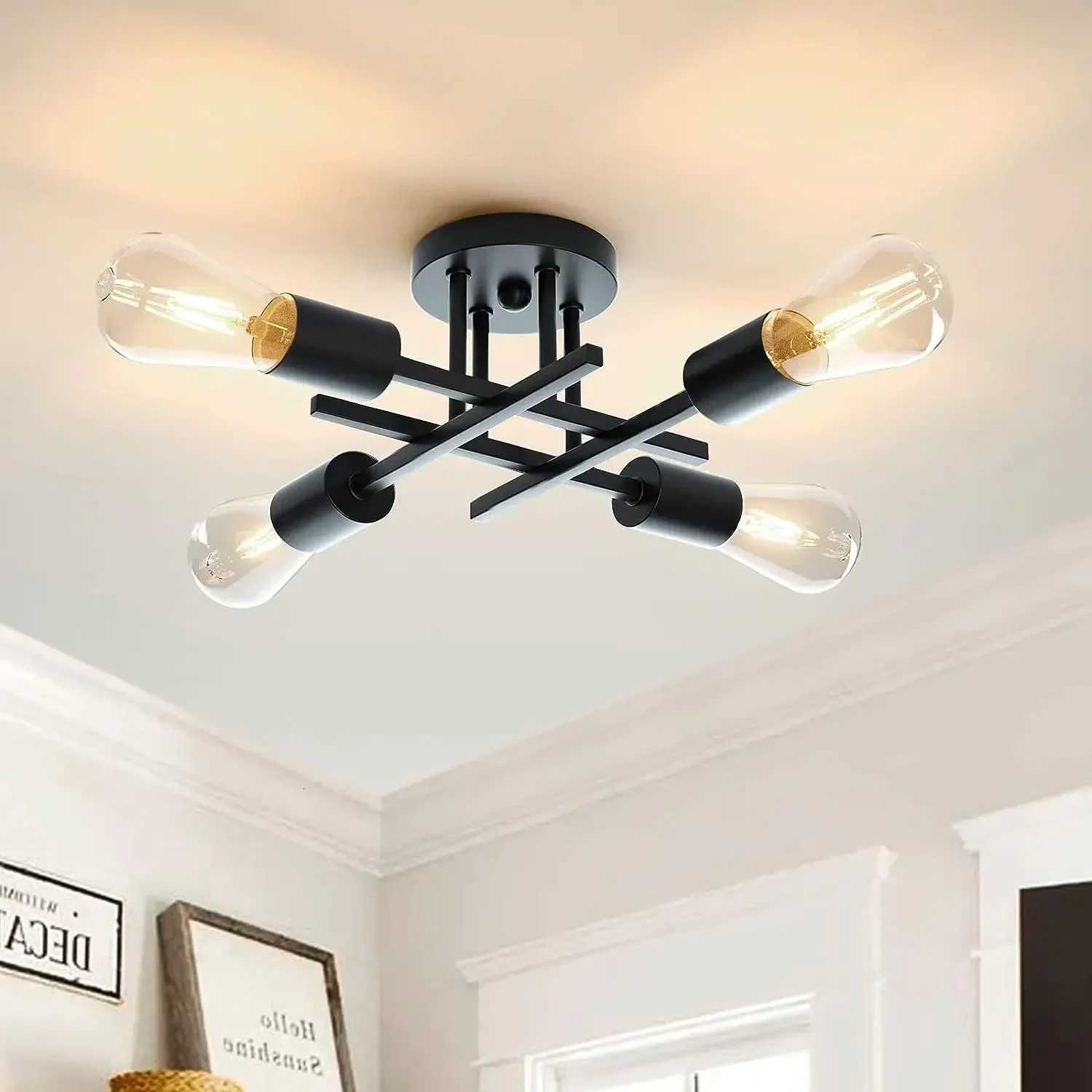 Modern Semi Flush Mount Chandelier Mid Century Close to Black Ceiling Light Fixture Sputnik C XJ250725