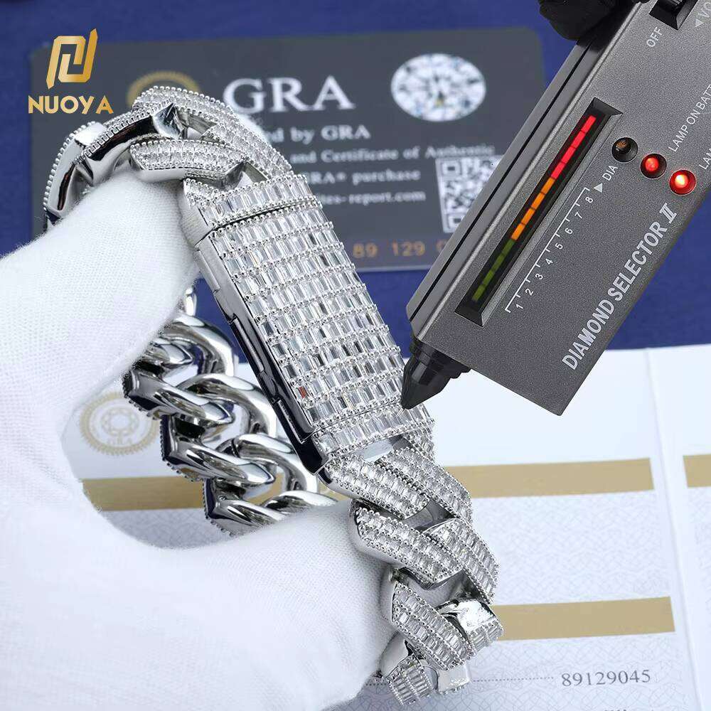 NUOYA Fine Jewelry 20mm Sterling Sier Chunky Cuban Link Chain Pass Dia Test Baguette VVS Moissanite Necklace Women