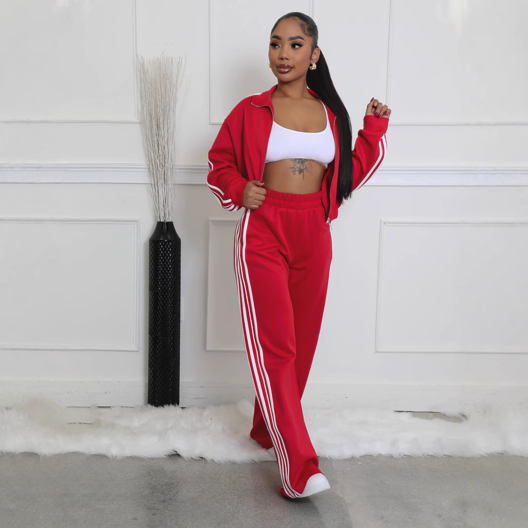 TW562 Autumn Striped Set Zipper Thickened Sweatshirt Casual Commuter Two-Piece Set