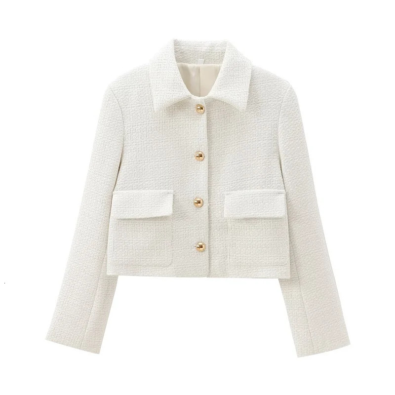 MUJER White Tweed Bomber Jacket Women Varsity Cropped Woman Outerwears Demiseason Jackets for Spring Womens Coats 250725