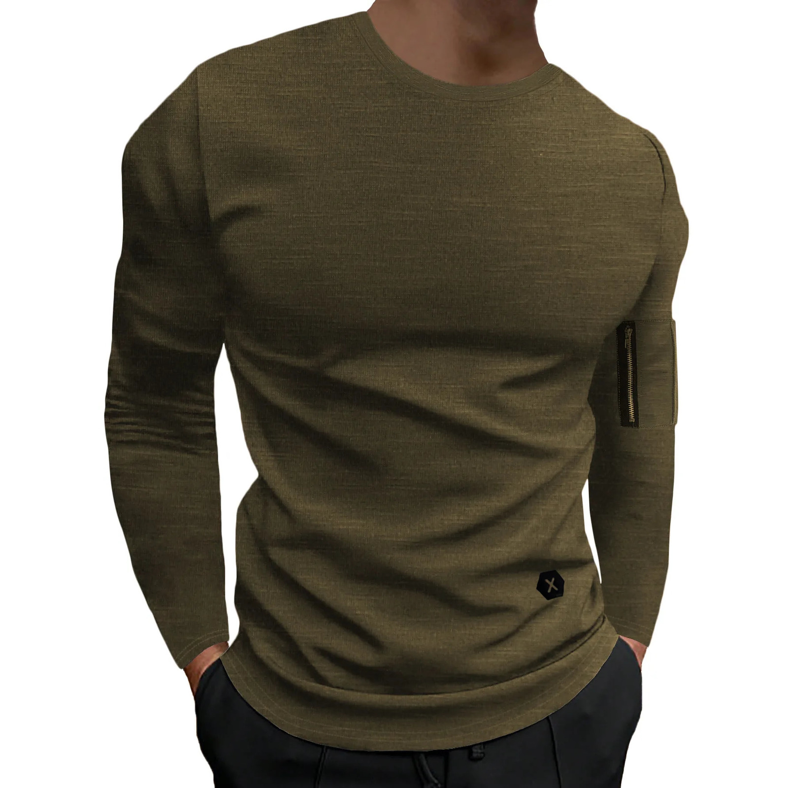 Slim Round Neck Long Sleeve T-Shirt Men with Arm Zipper Unique Casual Base Layer 250725