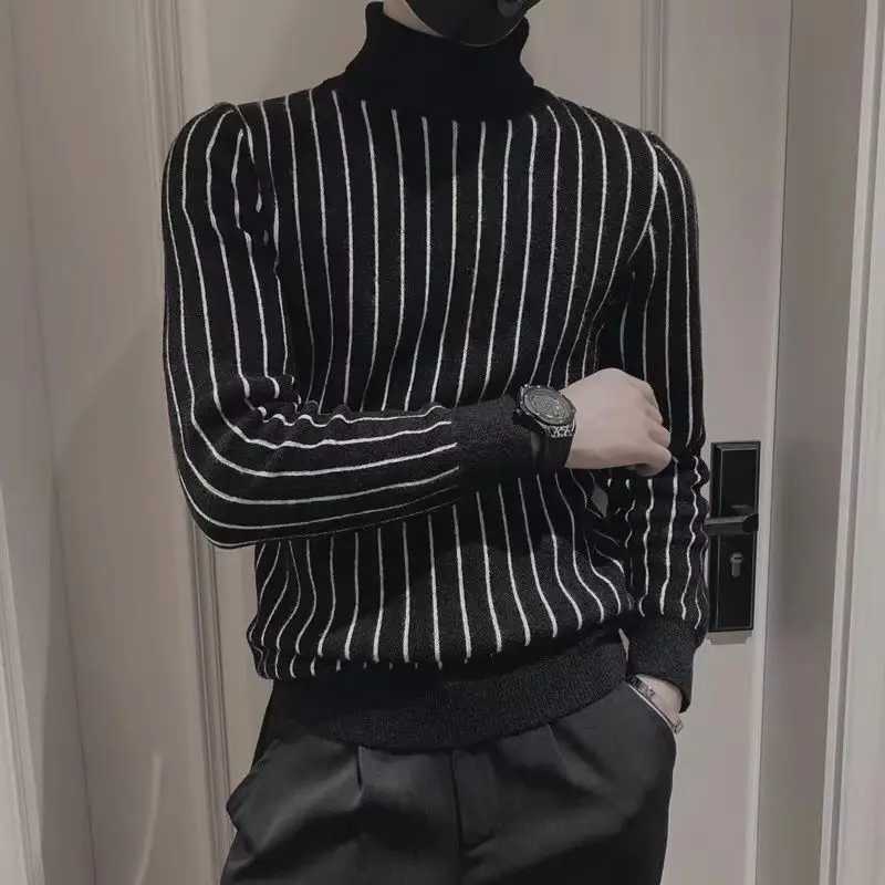 Fashion Printed Knitted Spliced Korean Turtleneck Striped Sweater Men Clothing 2022 Autumn New Loose Casual Pullovers Warm Tops Z250725
