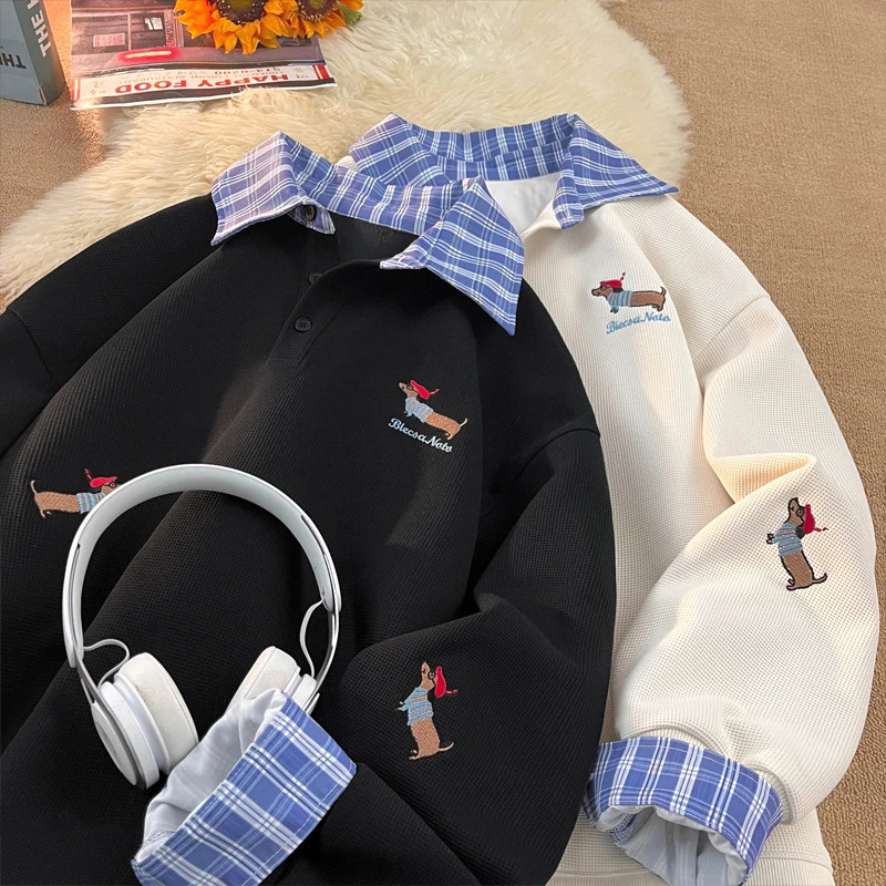 Plaid Patchwork Two Sweatshirt College Style Puppy Embroidery POLO Collar Sweatshirt Men Women Loose Pullover Tops 250725