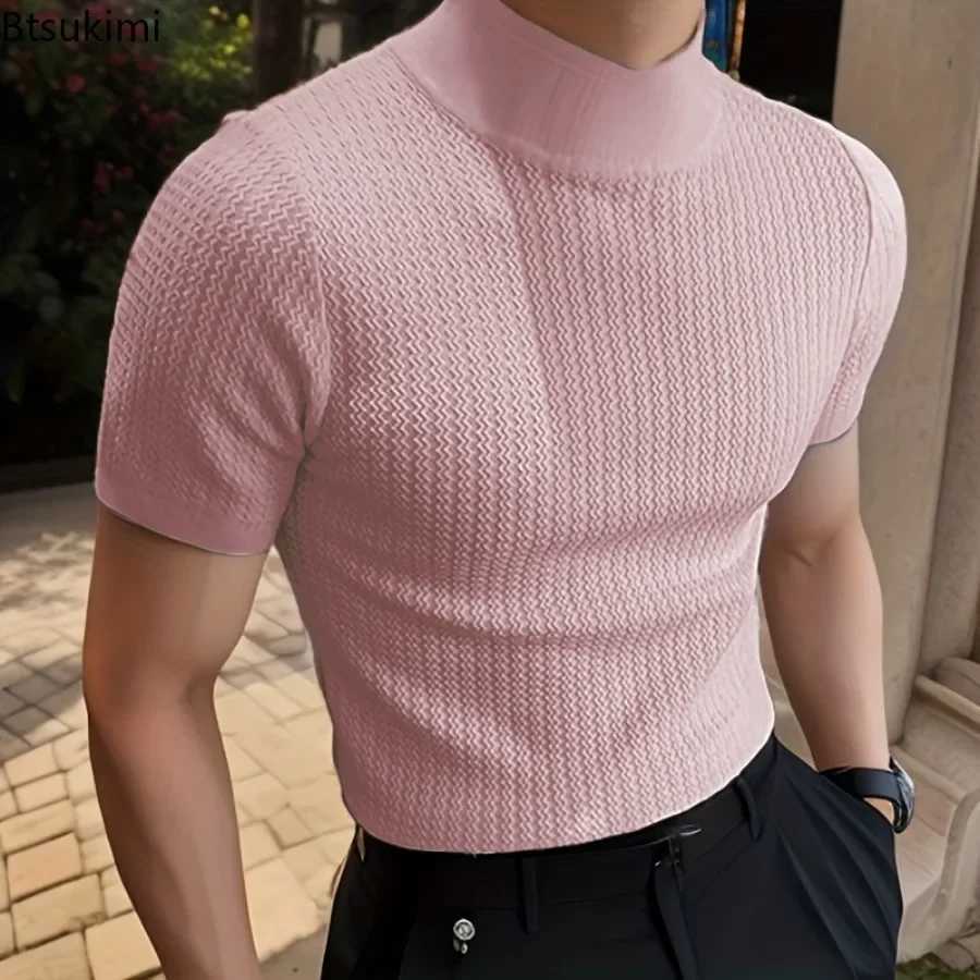 2025 Mens Summer Short Sleeve Ribbed T-Shirt Solid Half Turtleneck Slim Tee Tops Male Casual Basic Tshirt Pullover Shirts Men Z250725