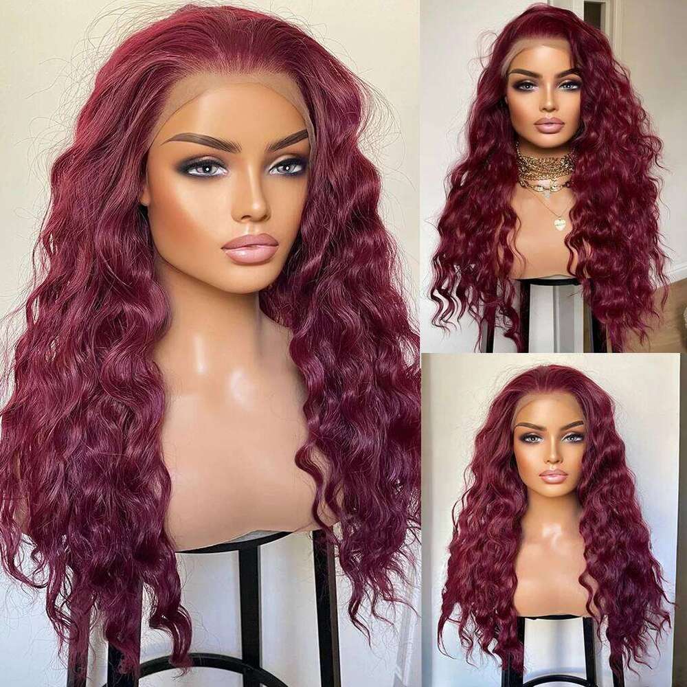 Bury Long Deep Wave 13x4 Lace Front Synthetic Hair Wigs for Women Wine Red Natural Hairline Daily Use Heat Resistant Wig