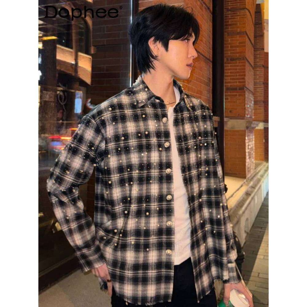 Men's Hot Dia Bead Plaid Shirts 2025 Spring And Autumn New Niche High-End Lapel Tops Loose Comfort Long-Sleeve Chic Shirt