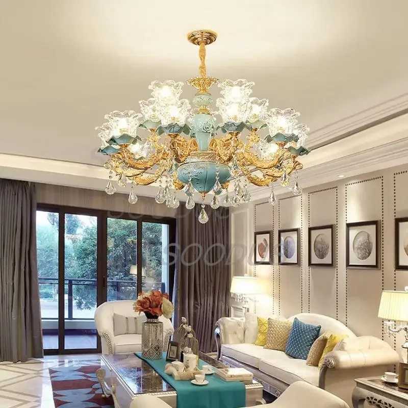 Chandelier Luxury Crystal Blue Ceramic For Living Room Ceiling Lamp Villa Bedroom Dining Room Indoor Home Decor Lighting Fixture XJ250725