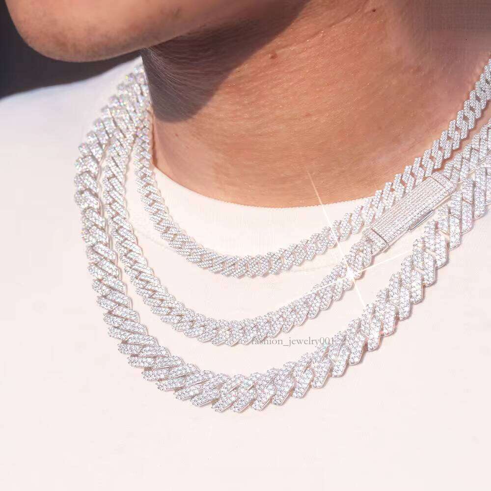 Gold Plated 100% Pass Tester 2rows VVS Moissanite 8mm-15mm Wide Sier Cuban Link Chain for Hip Hop Rapper Jewelry