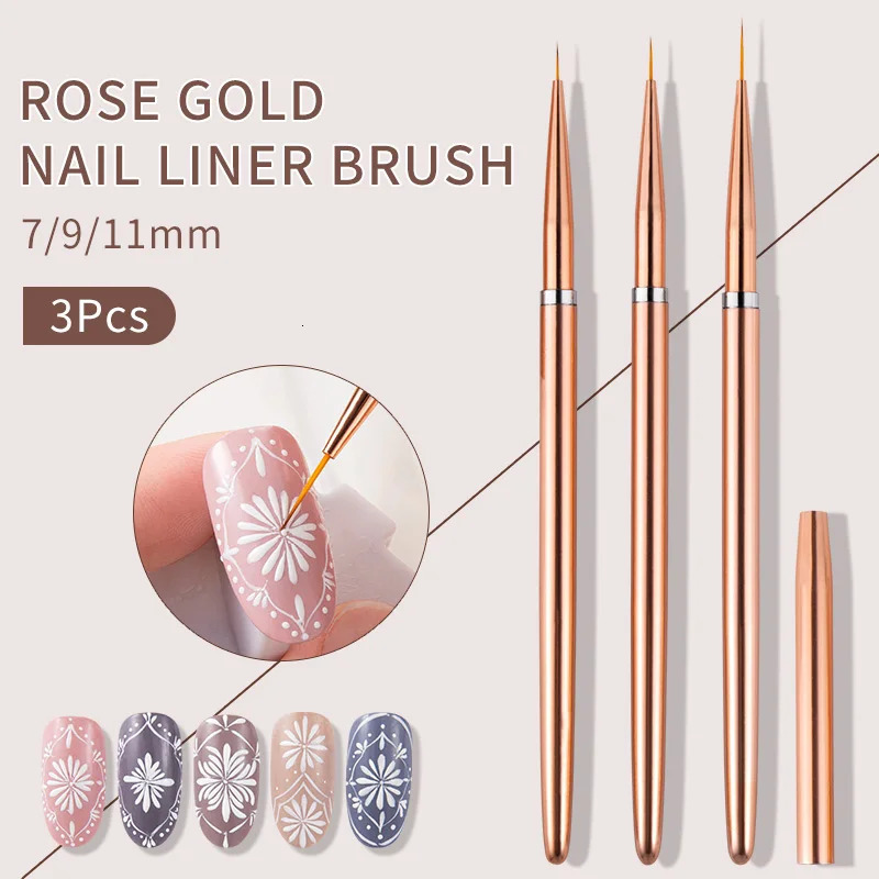 Rose Gold 3Pcs/set Nail Art UV Gel Liner Painting Brushes Drawing Flower Striping n Manicure Tools Kits 7/9/11mm 250716