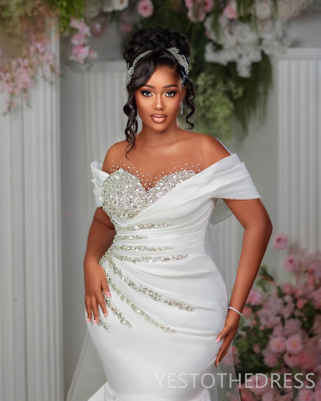 2025 Aso Ebi Wedding Dresses Bridal Gowns For Bridal Sheer Neck Illusion Ruffles Beaded Rhinestones Tiered Satin African Wedding Gowns For Black Women