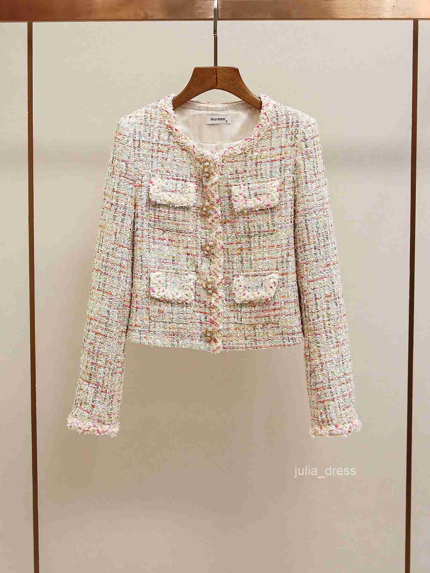 Autumn New High-end French Style Heavy Embellished Diamond Woven Tweed Round Neck Short Jacket for Women