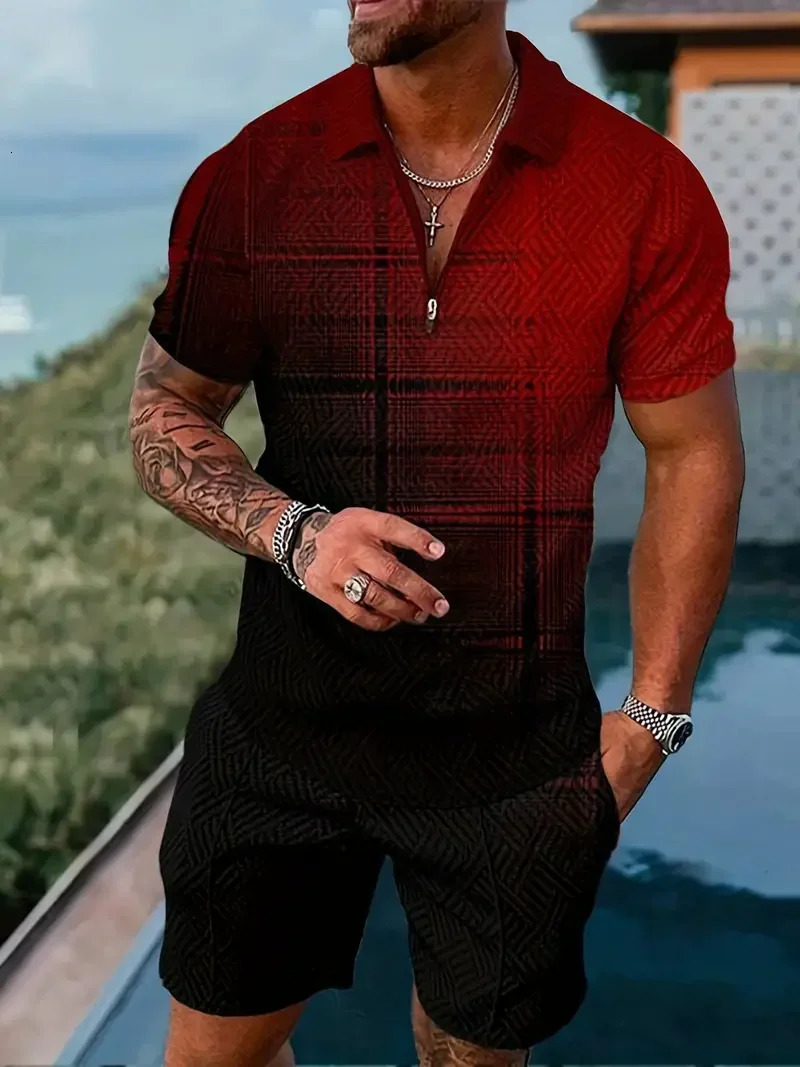 3D Printed Simple Style Lapel Zipper Polo Shirt Shorts Set Summer Fashion Casual Mens Sports Set 250725