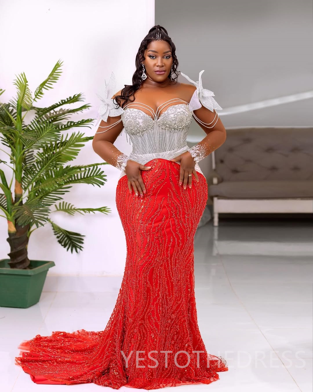 2025 Plus Size Red Prom Dress Evening Dresses Mermaid Formal Gowns For Black Women Sheer Neck Long Sleeves Beaded Lace Birthday Dress Second Reception