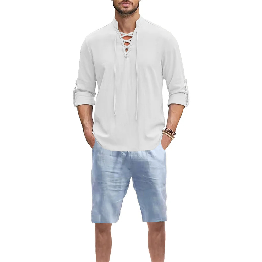 Mens Vintage Lace Up Vneck Shirt Suit Casual Solid Color Breathable Lightweight Fashion Summer Sets Male Outfit 250724