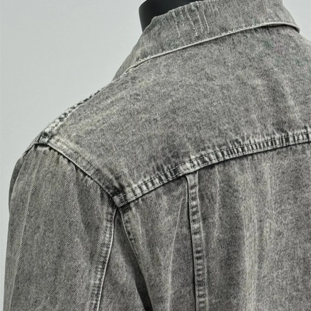 Autumn American Style Trendy Vintage Washing Distressed Denim Jacket Lapel Cropped Gray For Men Thin Regular Cut 250725