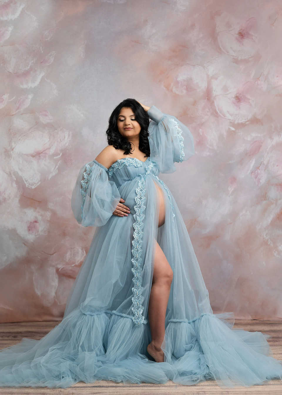 Blue Maternity Robes A Line Sweetheart Lace Appliques Fluffy Tiered for Photography Pregnancy Dresses Customized