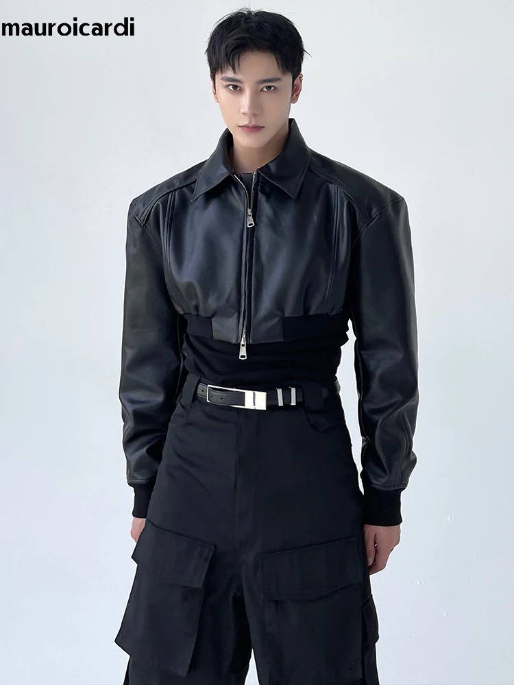 Mauroicardi Spring Autumn Cropped Pu Leather Jacket Men Long Sleeve Zipper er Clothes Runway European Fashion 250725