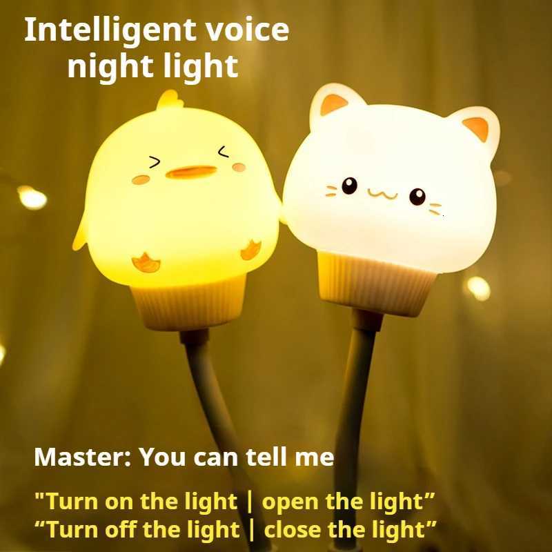 USB Night Light LED Voice Control Cute Cartoon Night Lamp Bear Kitten Remote Control for Baby Kid Bedroom Decor Bedside Lamp XJ250725