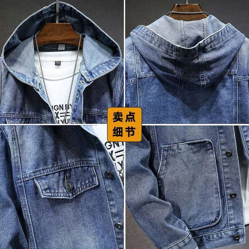 Men Denim Jackets Coats Button Coat Hooded Jacket Full Sleeve Casual Splice Regular Open Pockets Solid Spring 2025