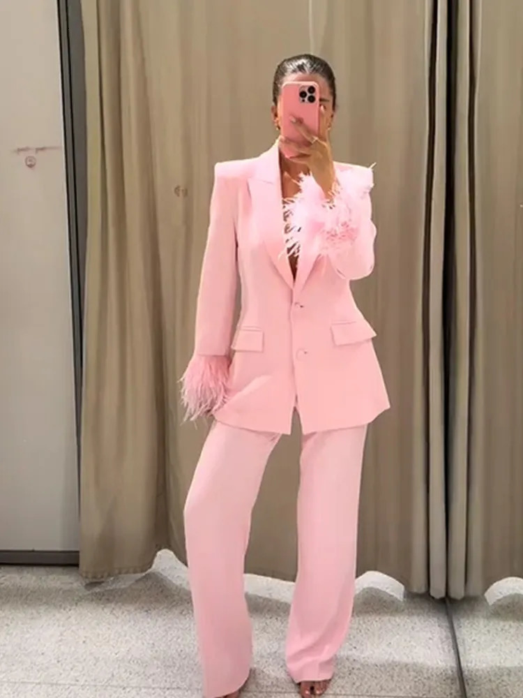 Feather Cuff Blazer Pants Set Women Pink Lapel Long Sleeve Button Jackets Wide Leg Pants Summer Lady Pockets Outfit 250723