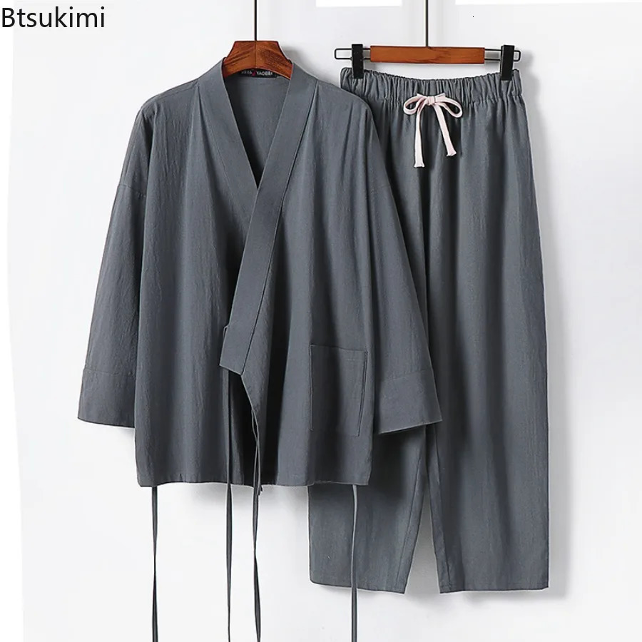 2025 Mens Summer Cotton Linen Two Pieces Chinese Style Lace Up Kimono TopsPants Casual Suit Male Vintage Hanfu Tang Suit M9XL 250724