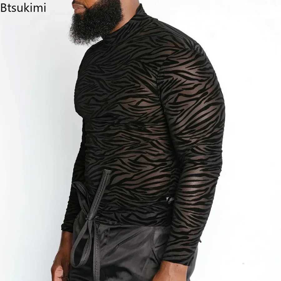 Mens T Shirt Perspective Turtleneck Long-sleeved Lace Tight Fitting T-shirt for Men Streetwear Bottoming Shirt Inside Male Tops Z250725