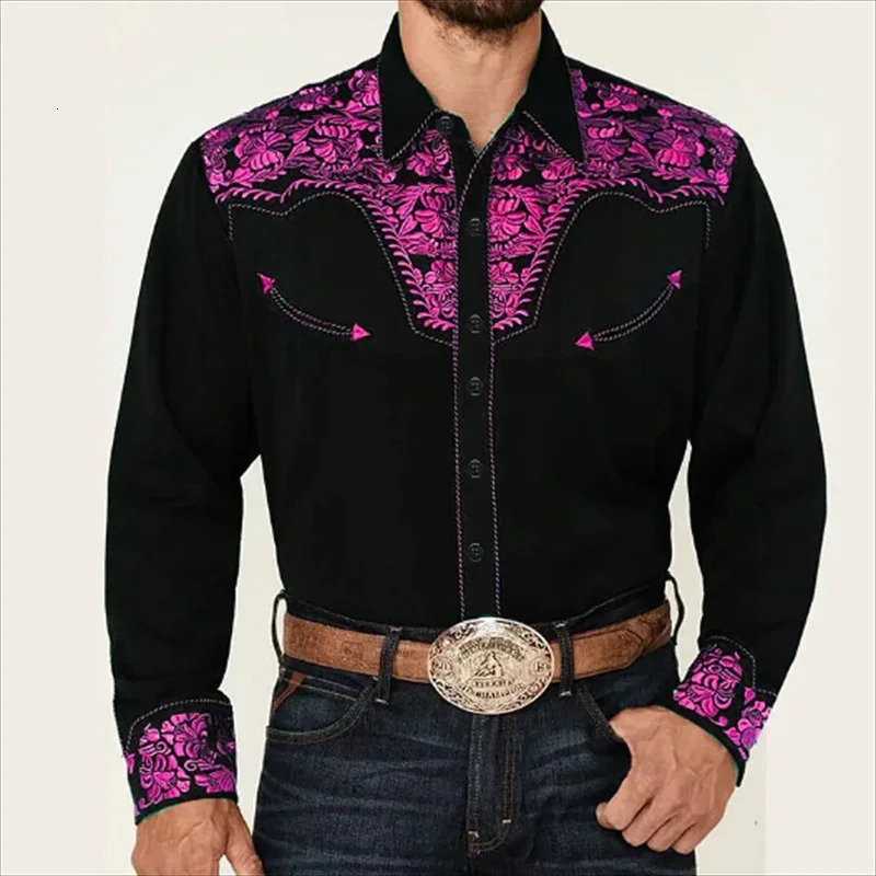 Western Shirt Mens Denim Print buttonup Outdoor Festival top Soft and comfortable vintage lapel shirt 250725