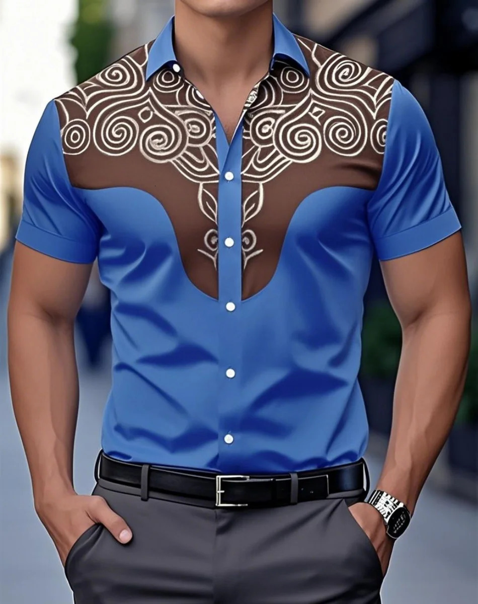 Mens 3D Retro Print Denim Shirt ShortSleeved Outdoor Street Fashion Classic Western 250725