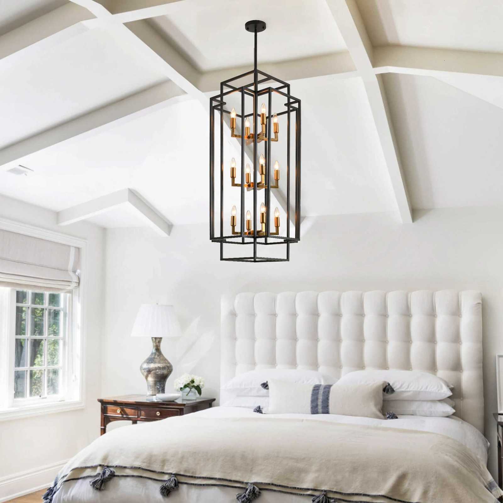 12 Lights Pendant Light Metal Lantern Island Light Modern Farmhouse Tiered Hanging Light Fixture Black and Gold Chandelier XJ250725
