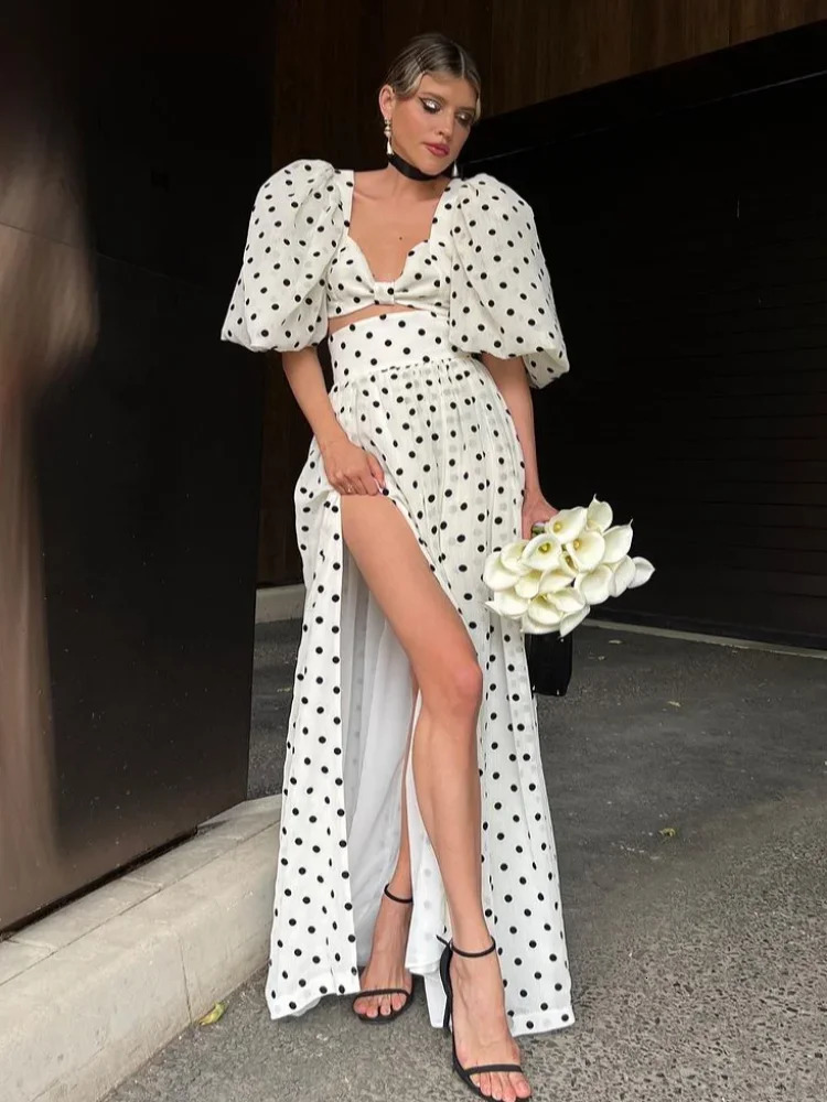 Polka Dot Print Split Pleated Long Skirt Set Women Casual V-neck Lace Up Puff Sleeve Short Tops Suit Summer Lady Party Outfit 250725